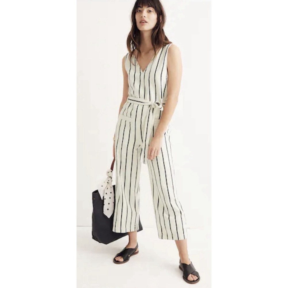 Madewell Striped Ivory Navy Pull-on Jumpsuit Crop Wide Leg Nautical Coastal XS